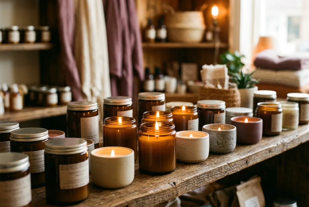 Hand-poured candles in amber jars and ceramic tins on a boutique shelf