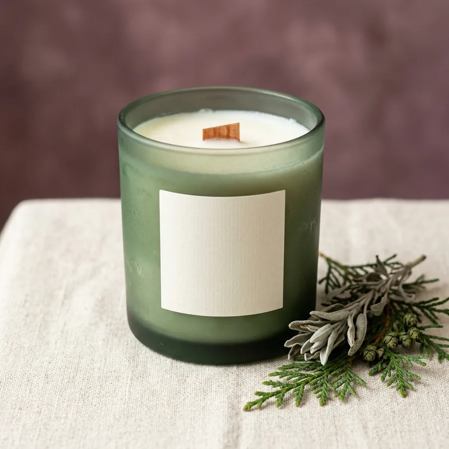 Cedar and sage candle in a frosted green jar