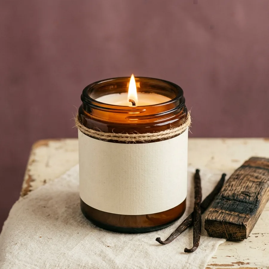 Vanilla bourbon candle in an amber jar