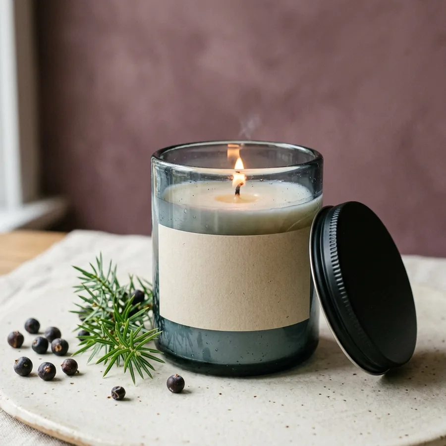 Juniper rain candle in a smoky blue jar