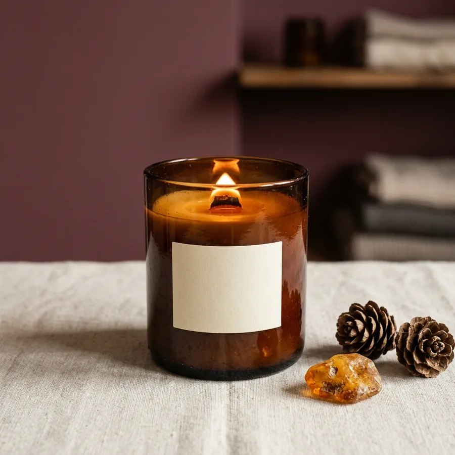 Campfire amber candle with a wooden wick