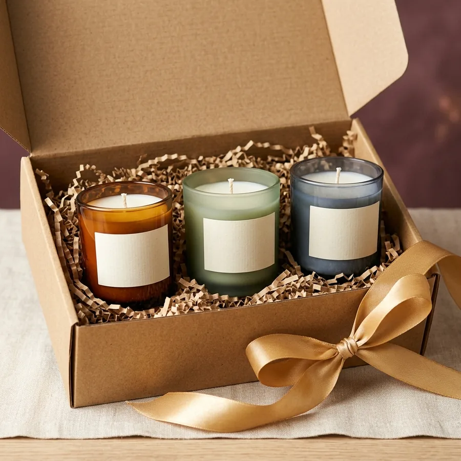 Three-candle gift set in a kraft box with a gold ribbon
